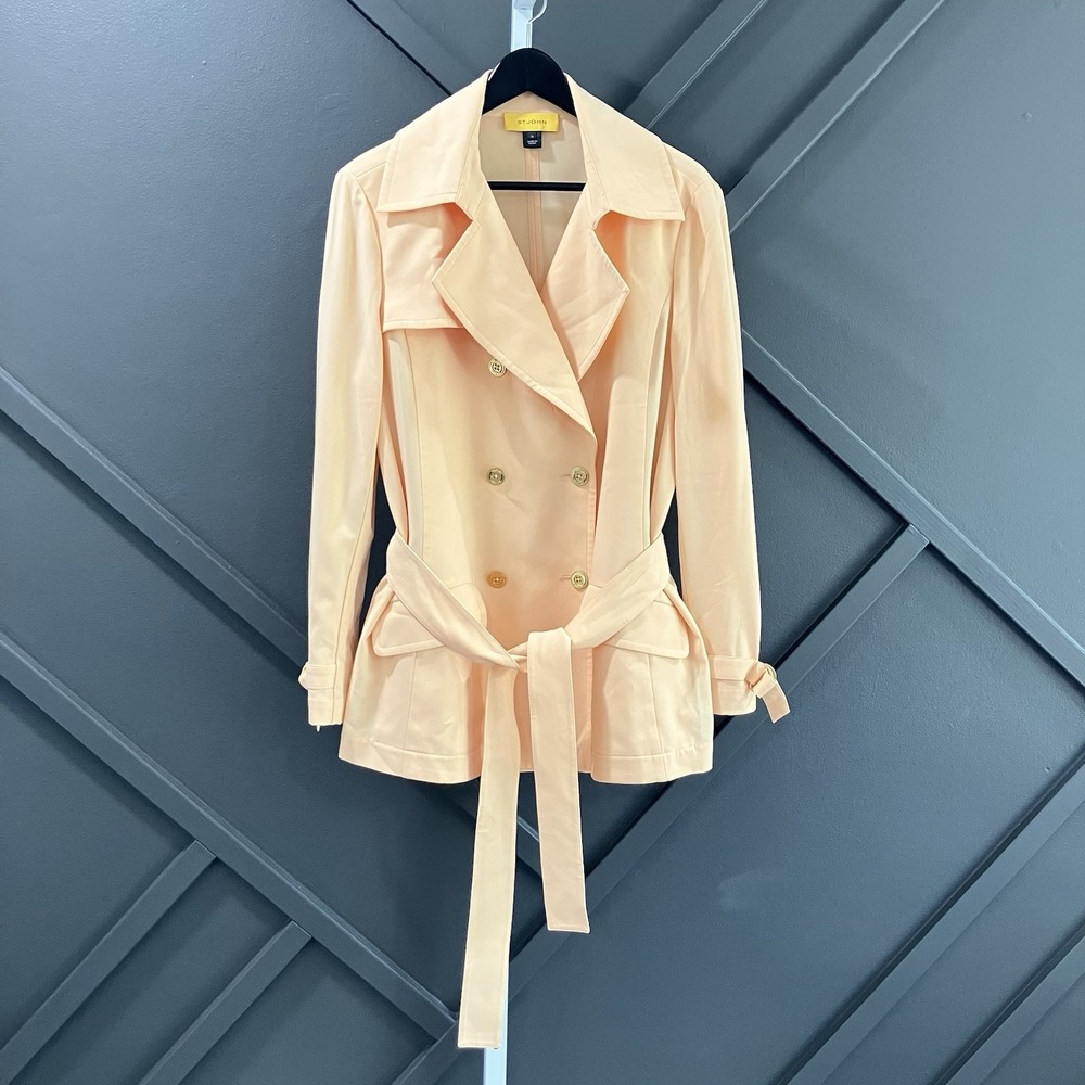 St. John Blush Belted Trench Jacket Double Breasted Lightweight Womens Size 12